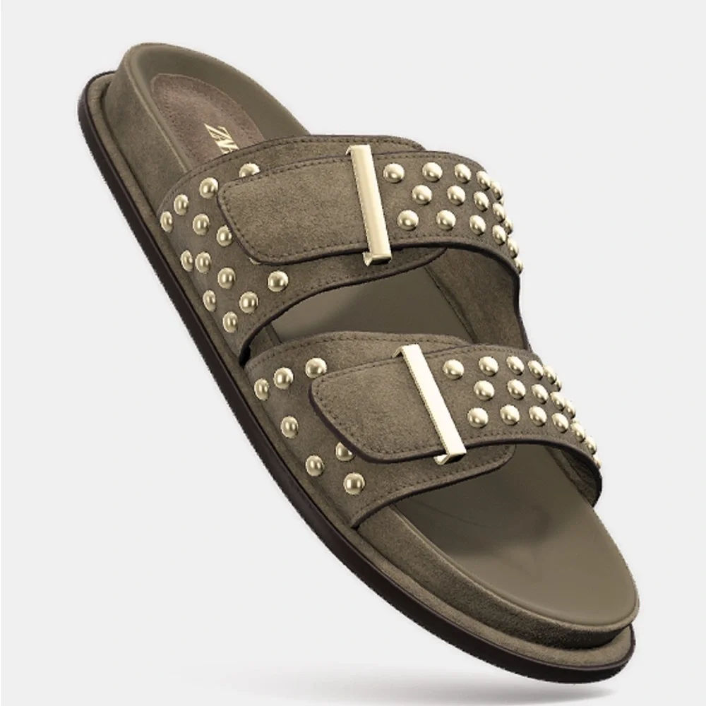 Zara  studded leather buckle sandals, Khaki green - Picture 8 of 16